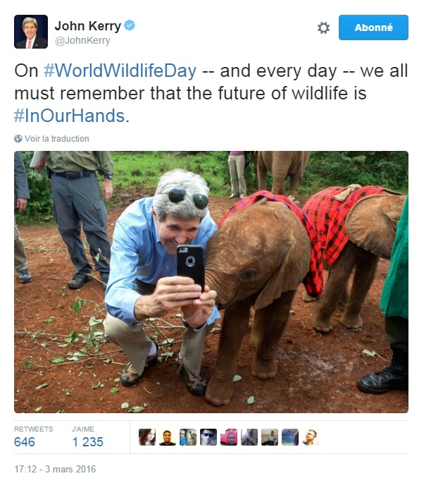 Traduction: En cette journée mondiale de la vie sauvage - et chaque jour - nous devons tous nous souvenir que le futur de la vie sauvage est entre nos mains.