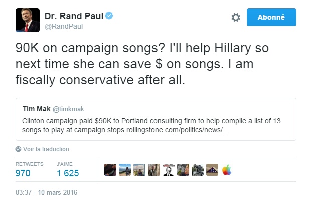 Traduction: 90,000$ pour des chansons de campagnes? Je vais aider Hillary pour qu'elle puisse économiser sur les chansons la prochaine fois. Je suis fiscalement conservateur après tout.