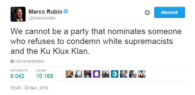 Traduction: Nous ne pouvons pas être un parti qui nomine quelqu'un qui refuse de condamner les suprémacistes blancs et le Ku Klux Klan.