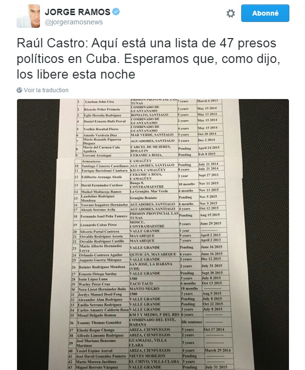 Traduction: Raúl Castro: Voici une liste de 47 prisonniers politiques à Cuba. Nous espérons que, comme vous l'avez dit, vous les libérerez cette nuit.