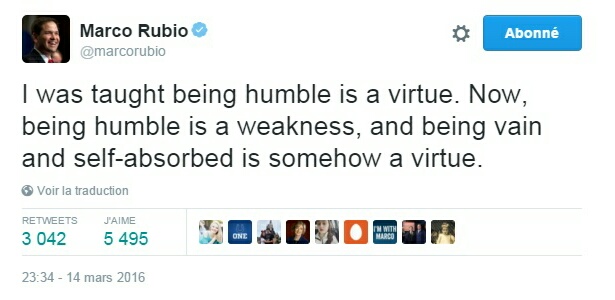 Traduction: On m'a enseigné qu'être humble était une qualité. Actuellement, être humble est une faiblesse, et être vaniteux et égocentrique est curieusement une qualité.