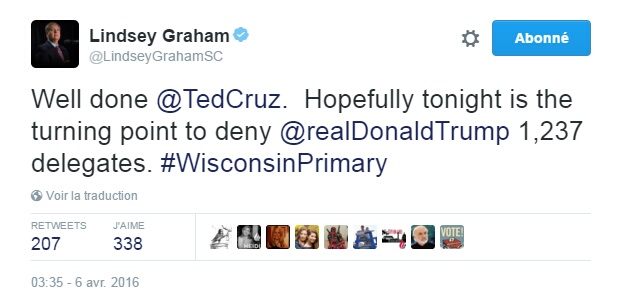 Traduction: Bien joué Ted Cruz. Avec un peu de chance ce soir est le tournant pour empêcher Donald Trump d'obtenir 1,237 délégués.