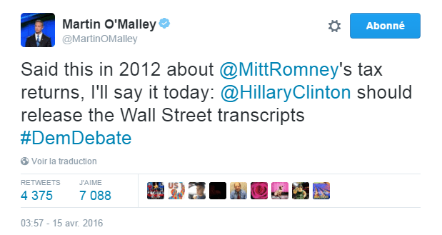 Traduction: J'ai dit ceci en 2012 à propos des déclarations de revenus de Mitt Romney, je le dirai aujourd'hui: Hillary Clinton devrait publier les transcriptions de Wall Street