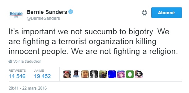 Traduction: Il est important que nous ne succombions pas à l'intolérance. Nous nous battons contre une organisation terroriste qui tue des personnes innocentes. Nous ne nous battons pas contre une religion.