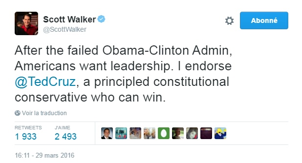 Traduction: Après l'administration ratée Obama-Clinton, les américains veulent du leadership. Je soutiens Ted Cruz, un conservateur de principe qui peut gagner.