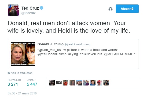 Traduction: Donald, les vrais hommes n'attaquent pas les femmes. Ta femme est charmante, et Heidi est l'amour de ma vie.