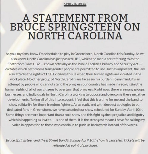 Le communiqué de Bruce Springsteen, justifiant l'annulation de son concert en Caroline du Nord