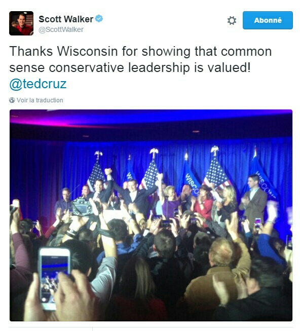Traduction: Merci le Wisconsin d'avoir montré qu'un leadership conservateur de bon sens est valorisé !