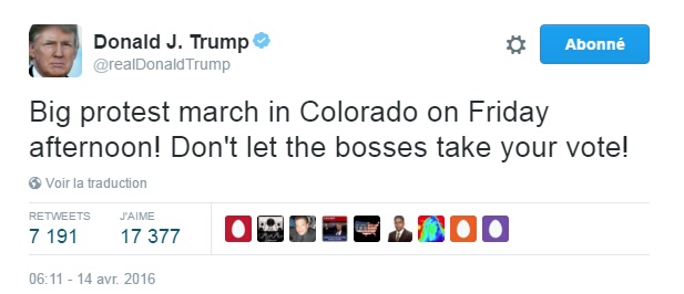 Traduction: Grande marche de protestation au Colorado vendredi après-midi! Ne laissez pas les patrons prendre votre vote!