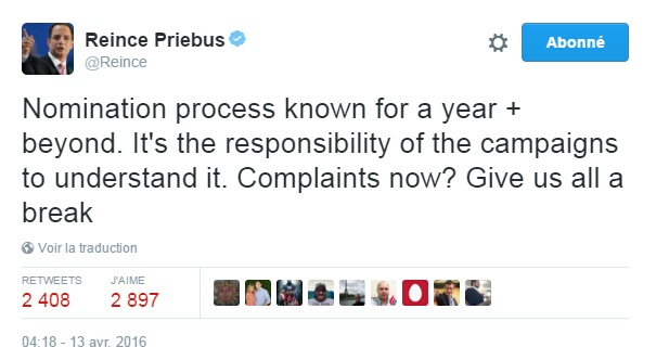 Traduction: Le processus de nomination est connu depuis plus d'un an. C'est la responsabilité des campagnes de le comprendre. Des plaintes maintenant? Fichez-nous un peu la paix