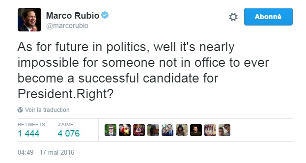 Traduction: En ce qui concerne un futur en politique, et bien il est presque impossible pour quelqu'un qui n'exerce pas de fonction politique de devenir un candidat victorieux à la présidence. N'est-ce pas?