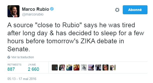 Traduction: Une source "proche de Rubio" dit qu'il était fatigué après une longue journée & a décidé de dormir quelques heures avant le débat de demain sur le virus Zika au Sénat.