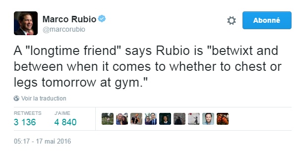 Traduction: Un "ami de longue date" dit que Rubio est "indécis lorsqu'il s'agit de savoir s'il va travailler le torse ou les jambes demain à la salle de sport"