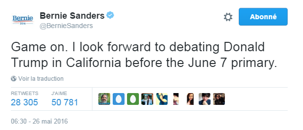 Traduction: C'est parti. Je suis impatient de débattre face à Donald Trump en Californie avant la primaire du 7 juin.