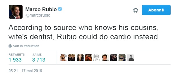 Traduction: D'après une source qui connaît ses cousins, et le dentiste de sa femme, Rubio pourrait plutôt faire du cardio.