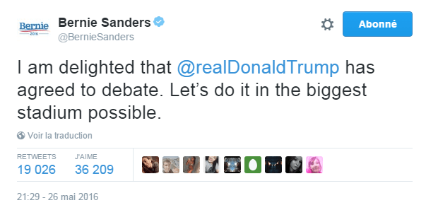 Traduction: Je suis ravi que Donald Trump ait accepté de débattre. Faisons-le dans le plus grand stade possible.