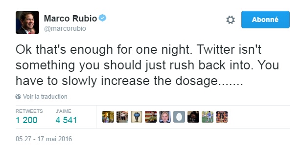 Traduction: Ok assez pour ce soir. Twitter n'est pas quelque chose dans lequel il faut se jeter à toute vitesse. Vous devez augmenter peu à peu le dosage......