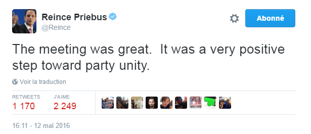 Traduction: Le meeting s'est très bien passé. C'était un pas très positif vers l'unité du parti.