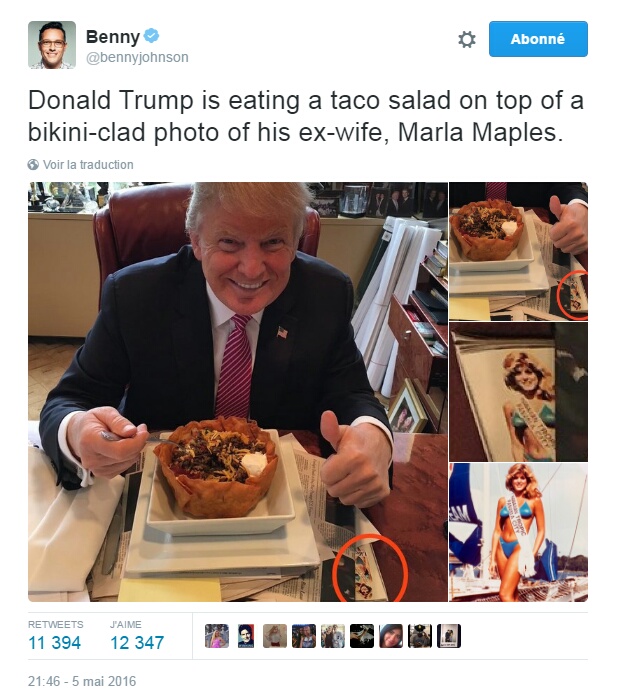 Traduction: Donald Trump mange une salade taco sur une photo de son ex-femme, Marla Maples, en bikini.