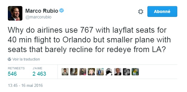 Traduction: Pourquoi les compagnies aériennes utilisent-elles un 767 avec des sièges dans lesquels on peut s'allonger pour un vol de 40 minutes jusqu'à Orlando mais un avion plus petit avec des sièges qui s'inclinent à peine pour un vol de nuit de LA?