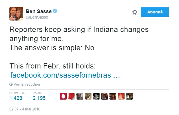 Traduction: Des journalistes continuent de me demander si l'Indiana change quelque chose pour moi. La réponse est simple: Non.