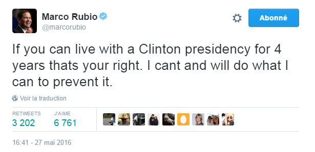 Traduction: Si vous pouvez vivre avec une présidence Clinton pendant 4 ans c'est votre droit. Je ne peux pas et je ferai tout pour l'empêcher.