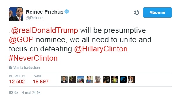 Traduction: Donald Trump sera le nominé du Parti Républicain, nous devons tous nous unir et nous atteler à vaincre Hillary Clinton
