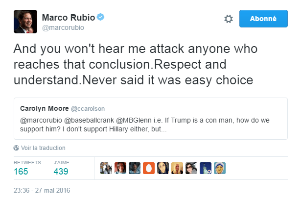 Traduction: Et vous ne m'entendrez pas attaquer quiconque parvenant à cette conclusion. Respect et compréhension. Je n'ai jamais dit que c'était un choix facile (en réponse à la remarque d'une internaute disant qu'elle ne soutient pas Clinton mais qu'elle ne se sent pas capable de soutenir Trump pour autant)