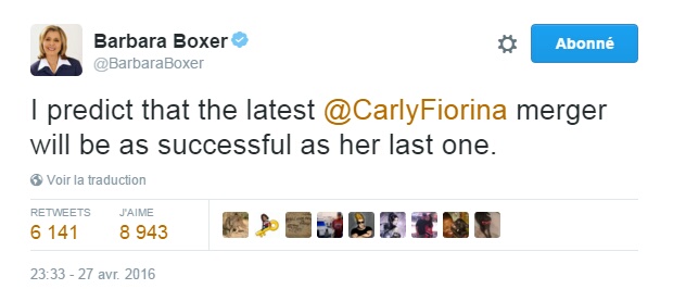 Traduction: Je prédis que la dernière fusion de Carly Fiorina sera aussi réussie que la dernière en date.