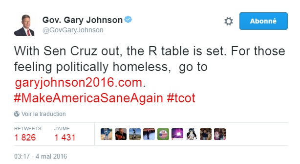 Traduction: Avec l'abandon du sénateur Cruz, les primaires républicaines sont jouées. Pour ceux qui se sentent politiquement abandonnés, rendez-vous sur garyjohnson2016.com.