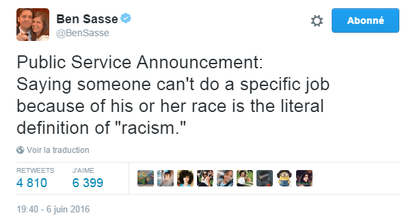 Traduction: Annonce du service public: Dire que quelqu'un n'est pas capable d'effectuer un certain travail en raison de sa race est la définition littérale du "racisme".