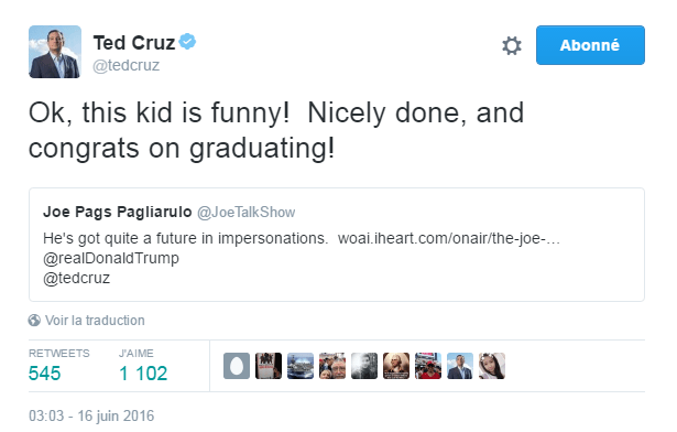 Traduction: Ok, ce garçon est drôle! Très bien fait, et bravo pour le diplôme!