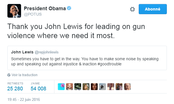 Traduction: Merci John Lewis de montrer la voie sur la violence par armes à feu au moment où nous en avons le plus besoin.