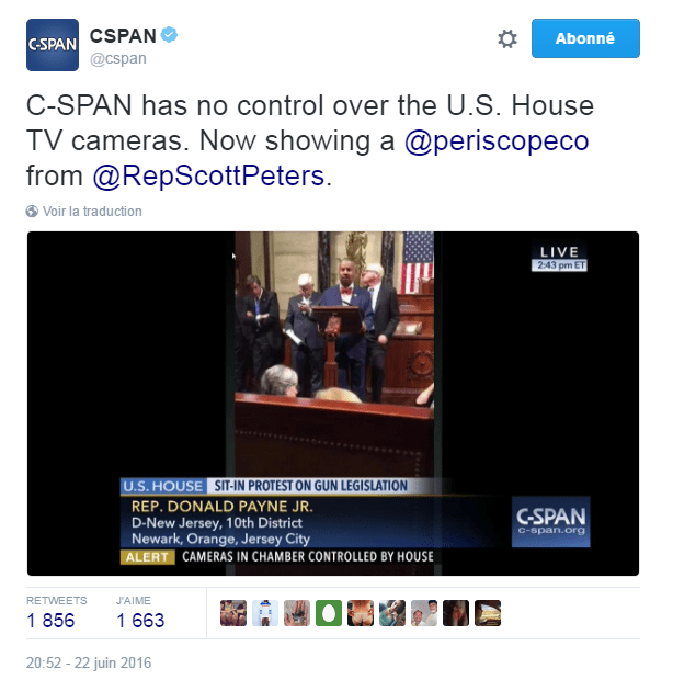 Traduction: C-SPAN ne contrôle pas les caméras TV de la Chambre. Nous diffusons à présent une vidéo Periscope du député Scott Peters.