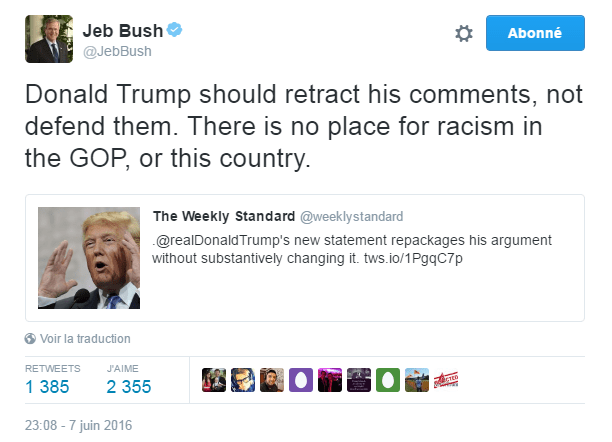 Traduction: Donald Trump devrait retirer ses propos, pas les justifier. Il n'y a pas de place pour le racisme au sein du Parti Républicain, ni de ce pays.