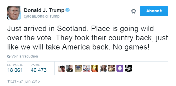 Traduction: Je viens d'arriver en Ecosse. Les gens sont fous de joie suite au vote. Ils ont repris le contrôle de leur pays, tout comme nous reprendrons le contrôle de l'Amérique. Nous ne plaisantons pas!