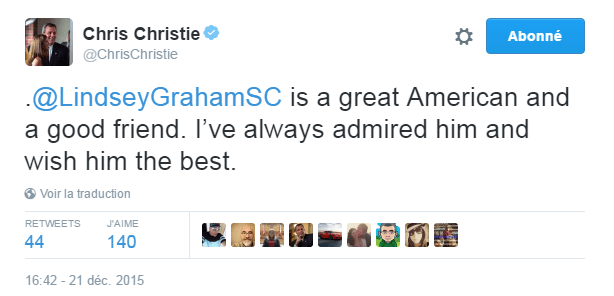 Traduction: Lindsey Graham est un grand américain et un bon ami. Je l'ai toujours admiré et je lui souhaite le meilleur.