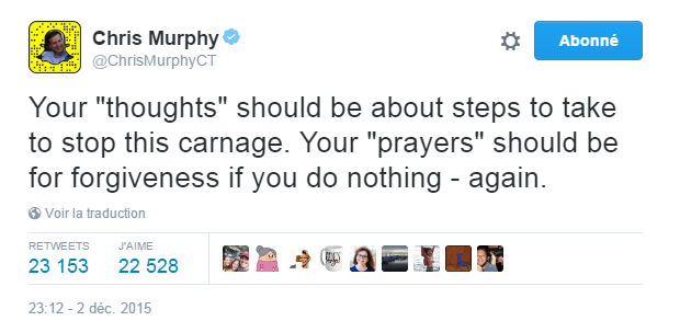 Traduction: Vos "pensées" devraient porter sur les mesures à prendre pour arrêter ce carnage. Vos "prières" devraient être pour demander pardon si vous ne faites rien - à nouveau.