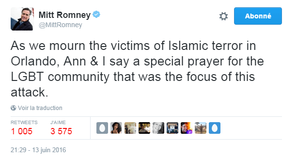 Traduction: Alors que nous pleurons les victimes du terrorisme islamique à Orlando, Ann & moi adressons une prière particulière à la communauté LGBT qui était la cible de cette attaque.