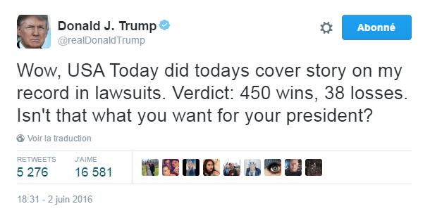 Traduction: Wow, USA Today a fait sa Une d'aujourd'hui sur mon bilan en termes de procès. Verdict: 450 victoires, 38 défaites. Est-ce que cela n'est pas ce que vous voulez comme président?