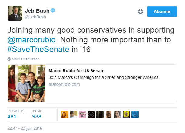 Traduction: Je me joins à de nombreux conservateurs pour soutenir Marco Rubio. Rien n'est plus important que de sauver le Sénat en 2016.