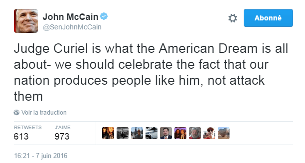 Traduction: Le juge Curiel est l'incarnation du rêve américain - nous devrions nous réjouir du fait que notre nation produise des personnes comme lui, pas les attaquer