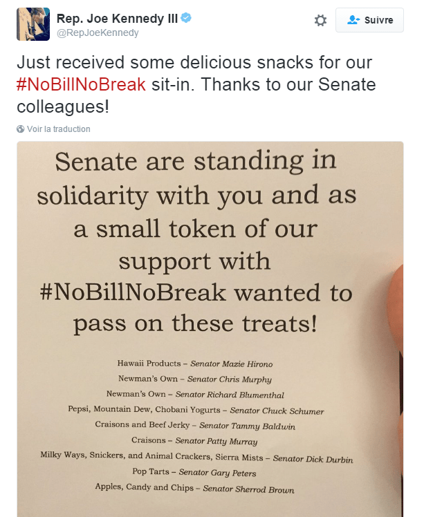 Traduction: Nous venons de recevoir quelques snacks délicieux pour notre sit-in #NoBillNoBreak. Merci à nos collègues du Sénat !