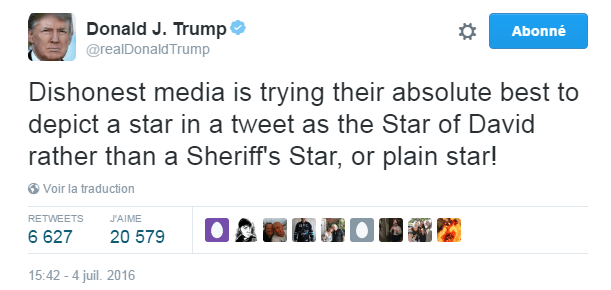 Traduction: Les médias malhonnêtes font absolument tout leur possible pour décrire une étoile dans un tweet comme l'étoile de David plutôt que comme une étoile de shérif, ou une simple étoile !