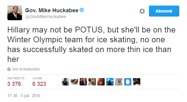 Traduction: Hillary ne sera peut-être pas présidente des Etats-Unis, mais elle fera partie de l'équipe olympique d'hiver pour le patinage, personne n'a glissé avec plus de succès qu'elle sur la glace