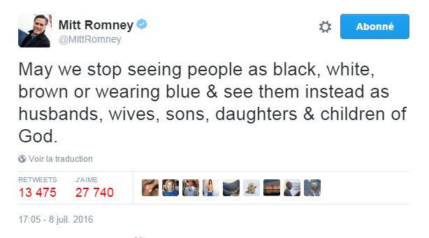 Traduction: Puissions-nous arrêter de voir les gens comme noirs, blancs, bruns ou portant du bleu & les voir plutôt comme des maris, des femmes, des fils, des filles & des enfants de Dieu.