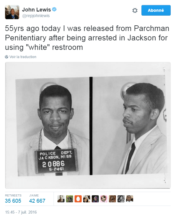 Traduction: Il y a 55 ans aujourd'hui, j'étais libéré de la prison de Parchman après avoir été arrêté à Jackson pour avoir utilisé des toilettes "blanches"