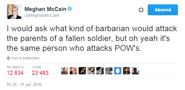 Traduction: Je demanderais bien quel genre de barbare peut attaquer les parents d'un soldat mort au combat, mais oh bien sûr c'est la même personne qui attaque les prisonniers de guerre.