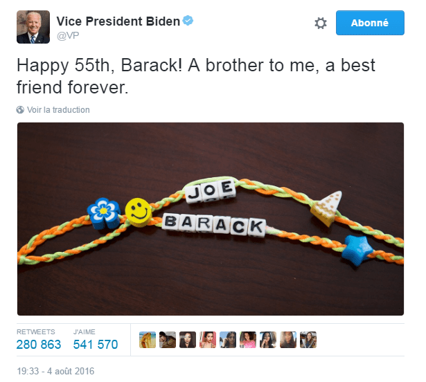 Traduction: Joyeux 55ème anniversaire, Barack ! Un frère pour moi, un meilleur ami pour toujours.