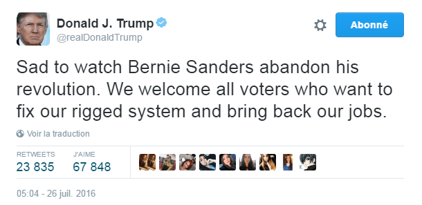 Traduction: Triste de voir Bernie Sanders abandonner sa révolution. Nous souhaitons la bienvenue à tous les électeurs qui veulent réparer notre système truqué et ramener nos emplois.